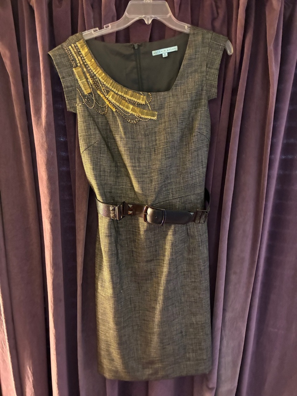 ANTONIO MELANI Gray Sheath Dress with Gold Embellishment